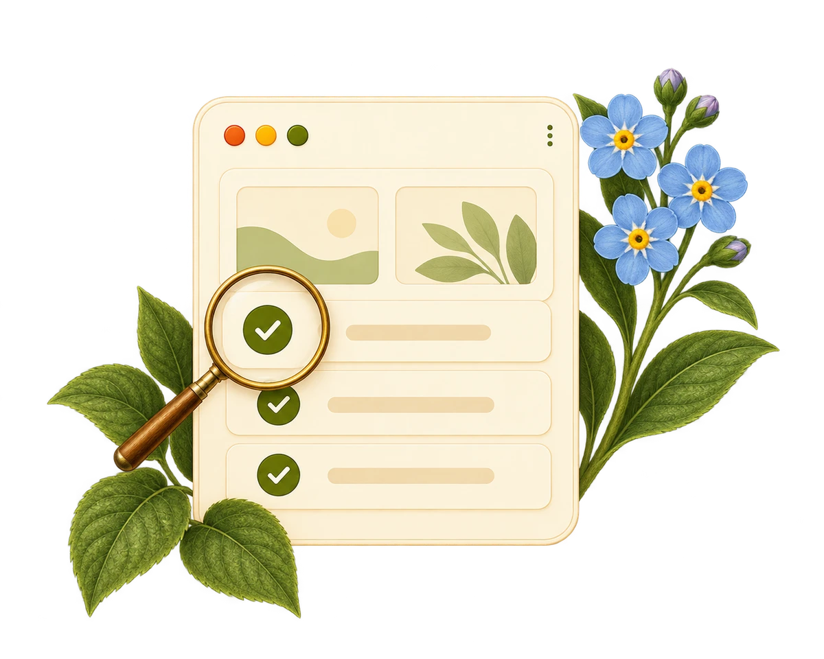 Test evidence inspected with a magnifying glass, with flowers on the right