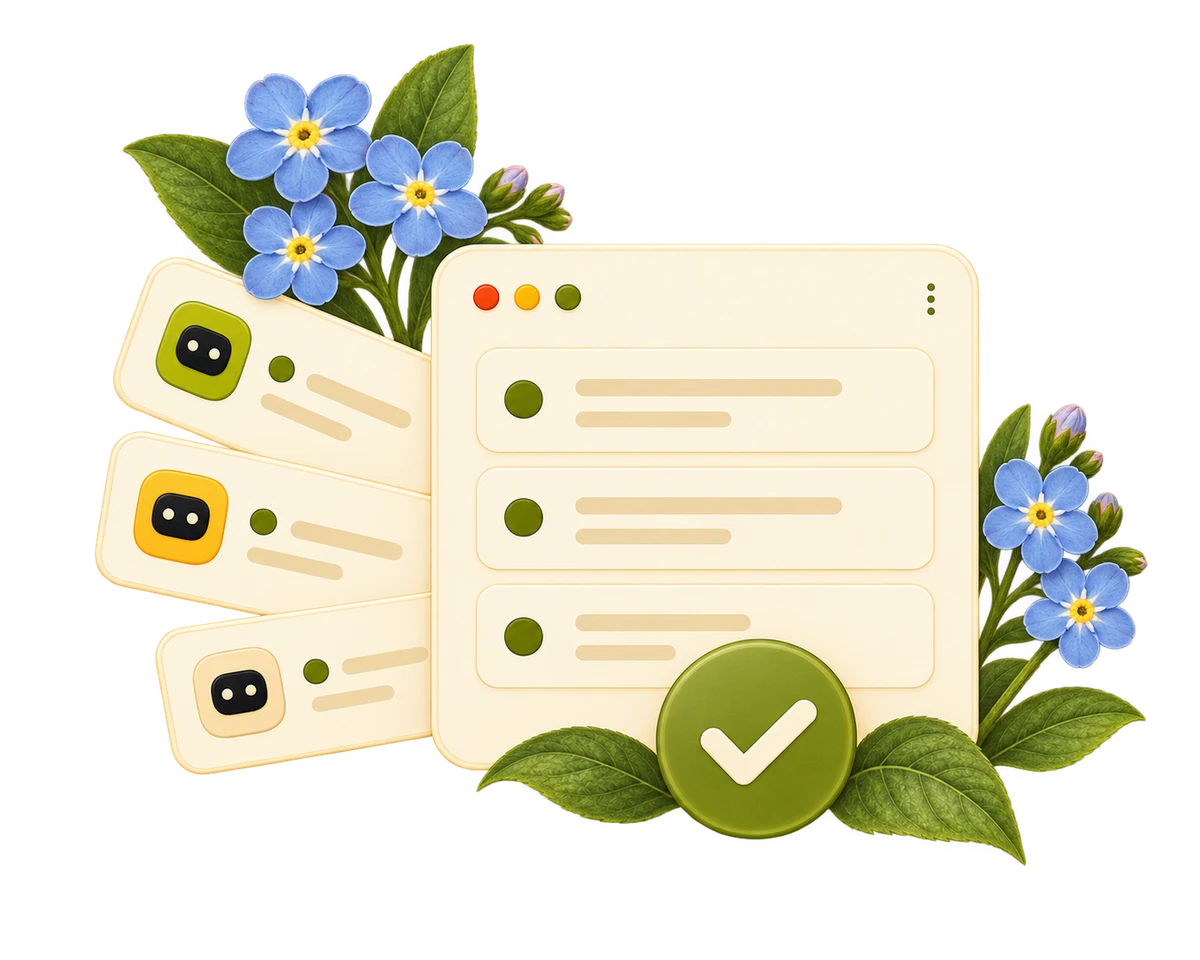 Work cards gathered for one review decision, with flowers at the top left and right
