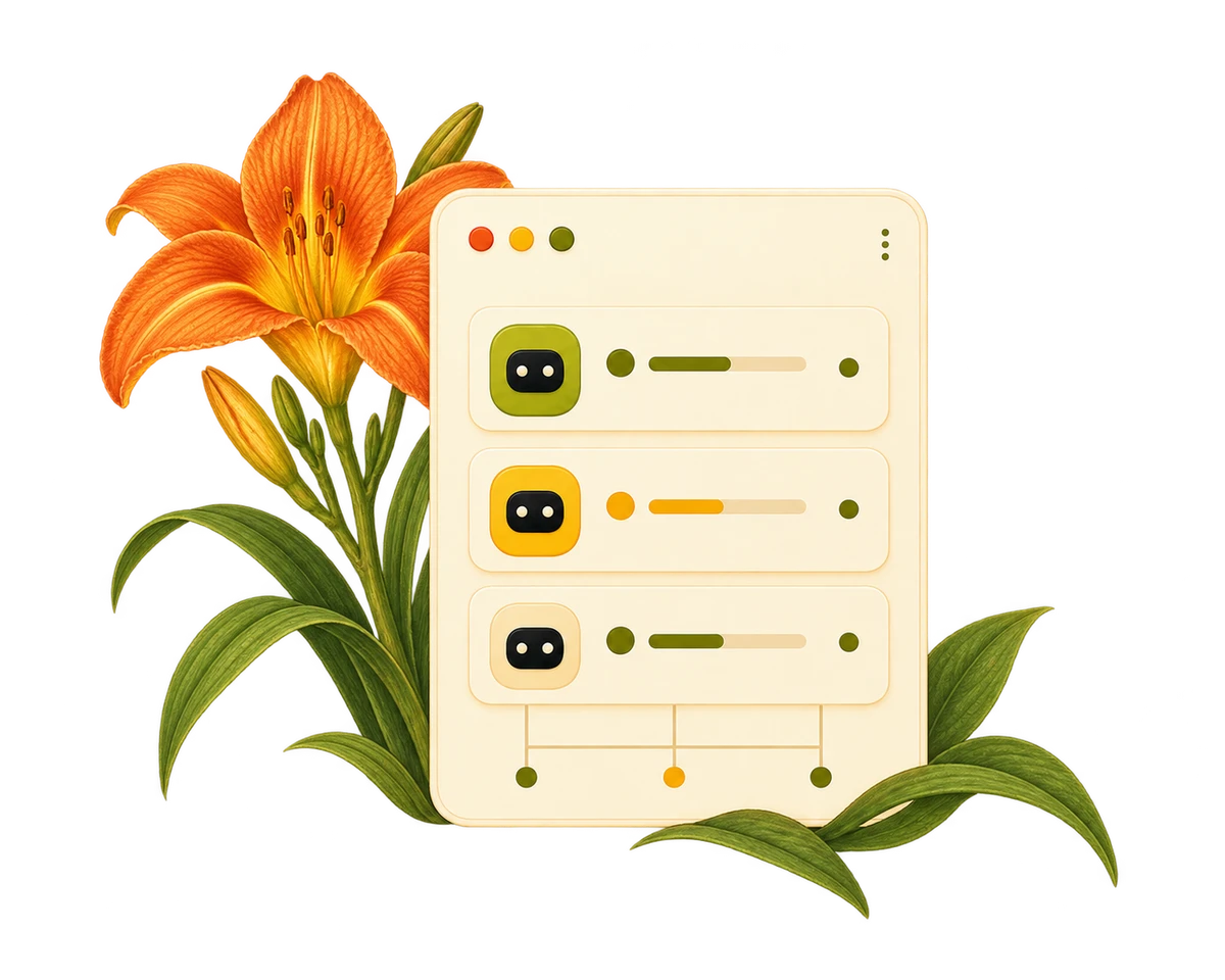 Three agent activity rows gathered in one window, with flowers on the left