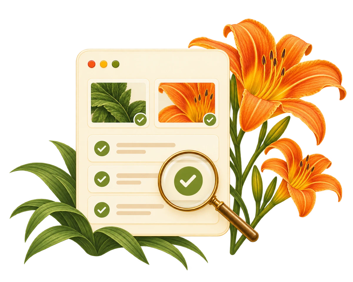 Test evidence inspected with a magnifying glass, with flowers on the right