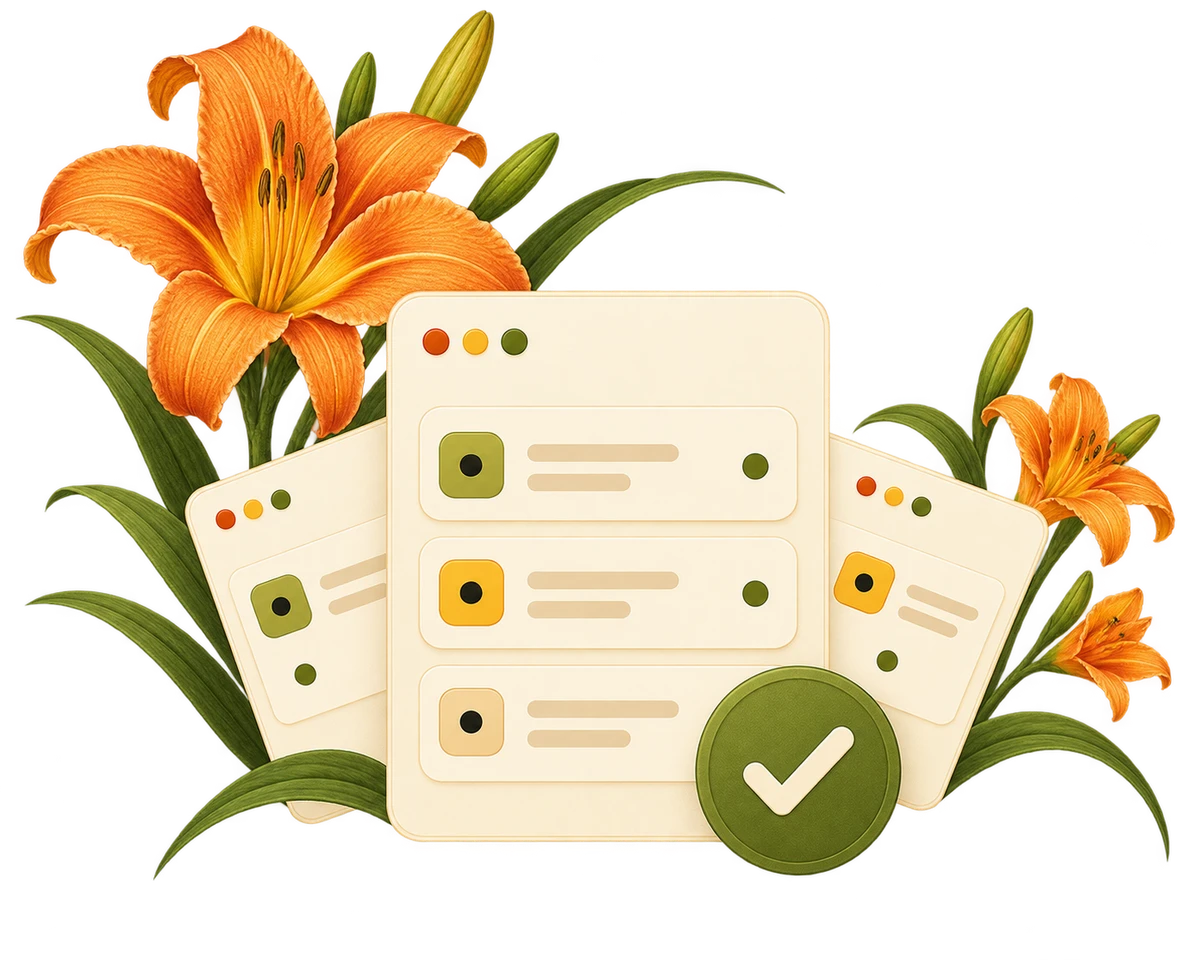 Work cards gathered for one review decision, with flowers at the top left and right