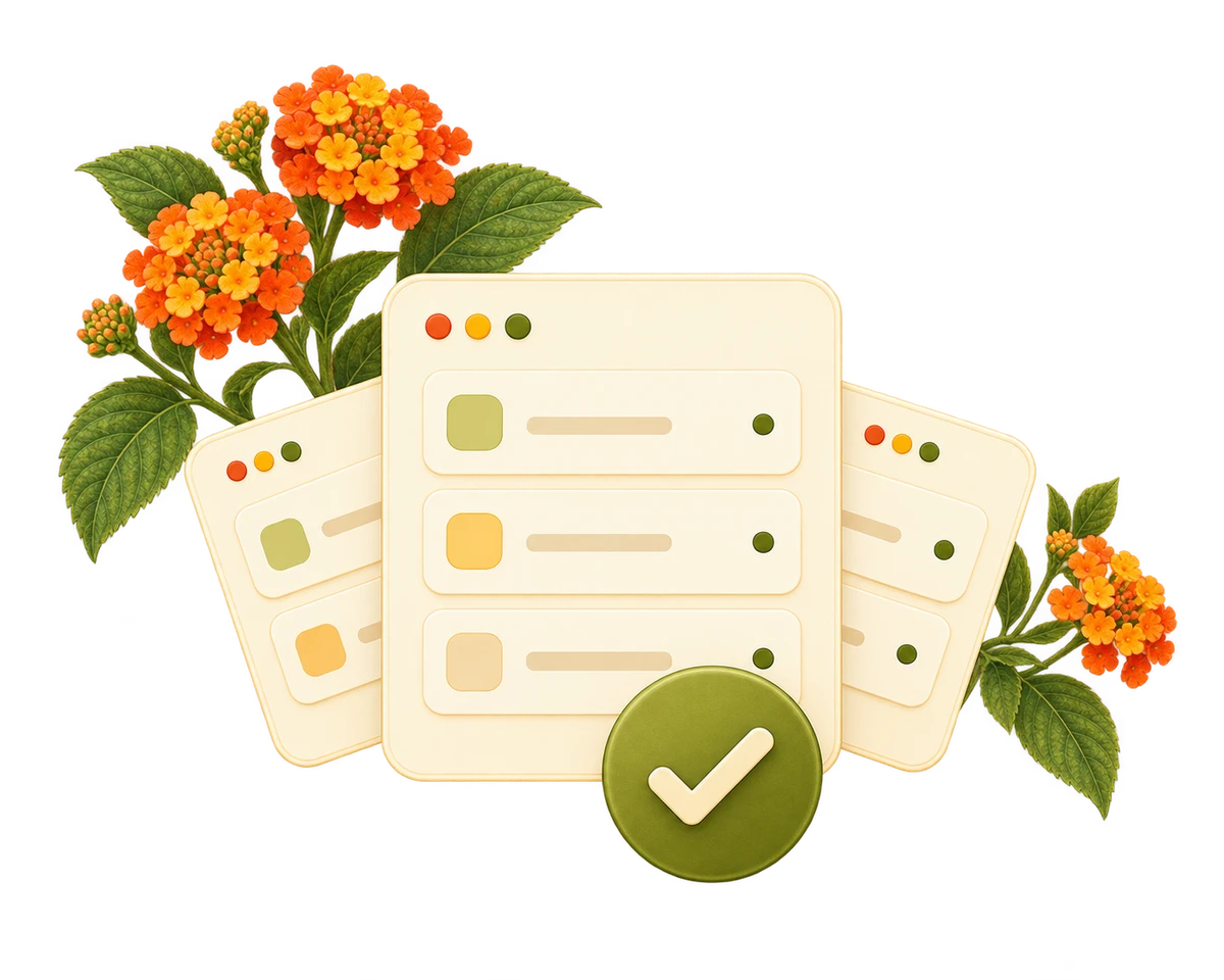 Work cards gathered for one review decision, with flowers at the top left and right