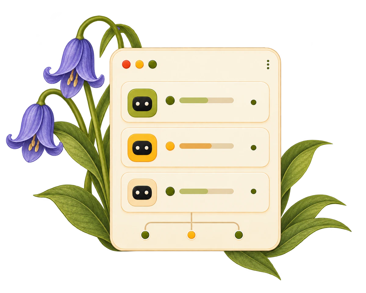Three agent activity rows gathered in one window, with flowers on the left
