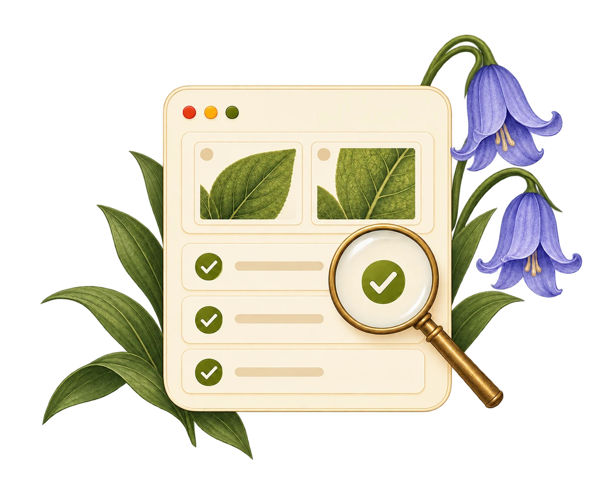 Test evidence inspected with a magnifying glass, with flowers on the right