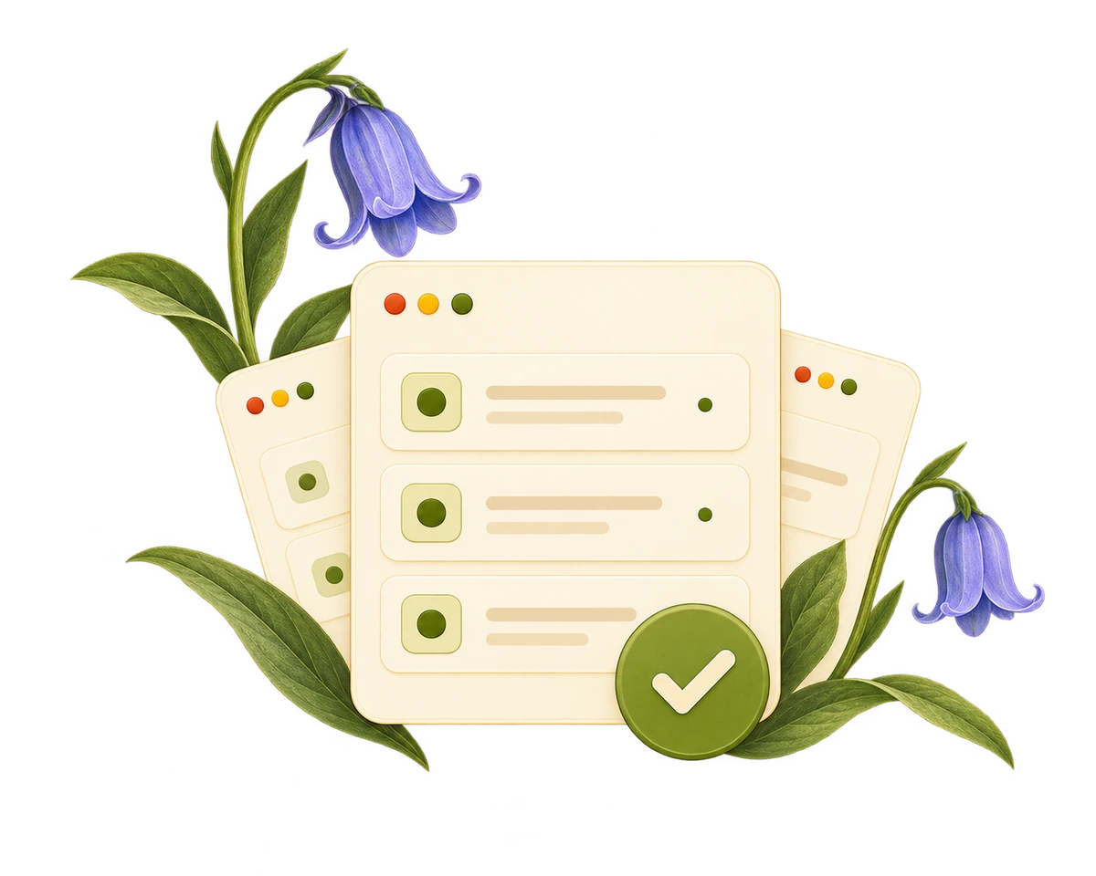 Work cards gathered for one review decision, with flowers at the top left and right