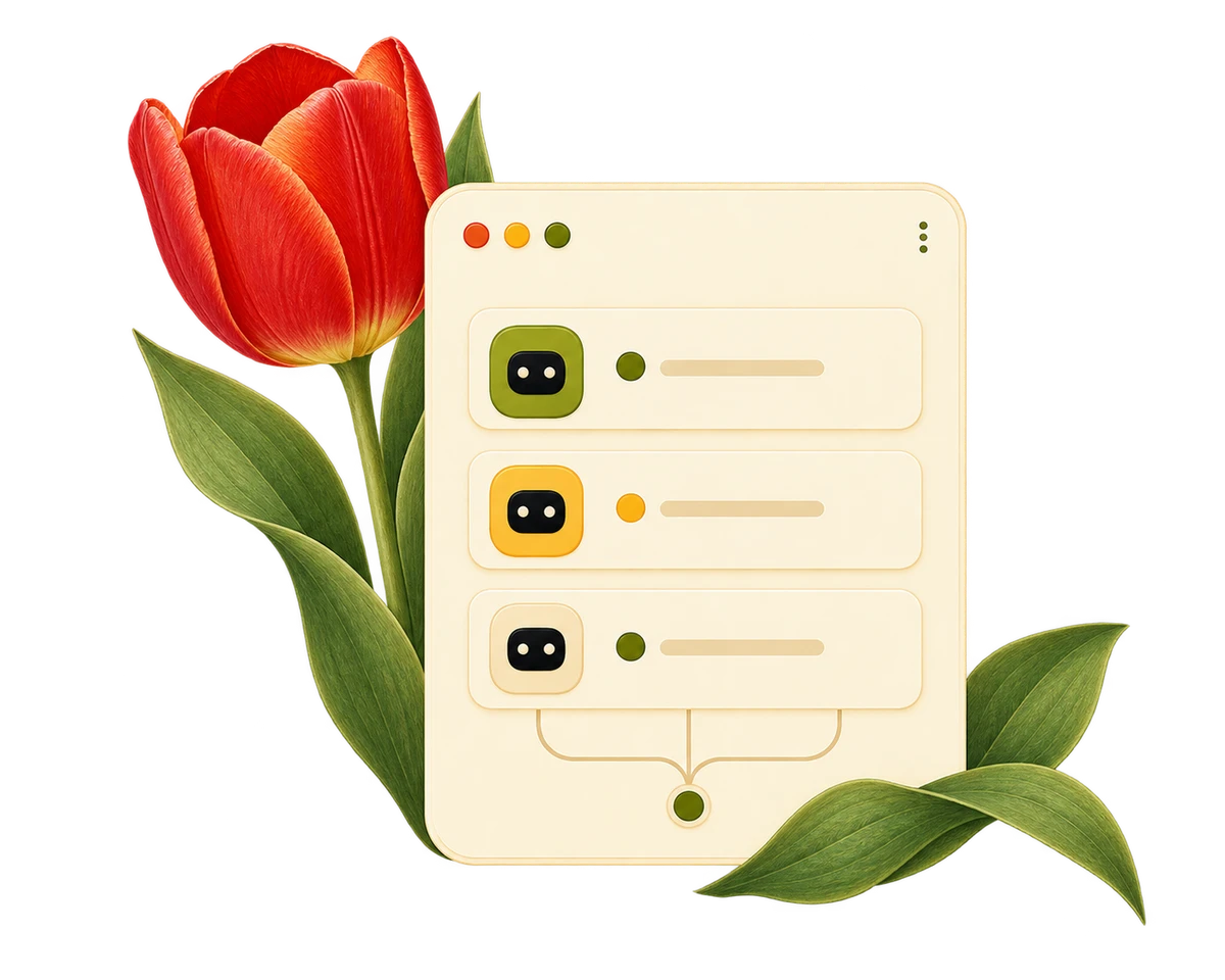 Three agent activity rows gathered in one window, with flowers on the left