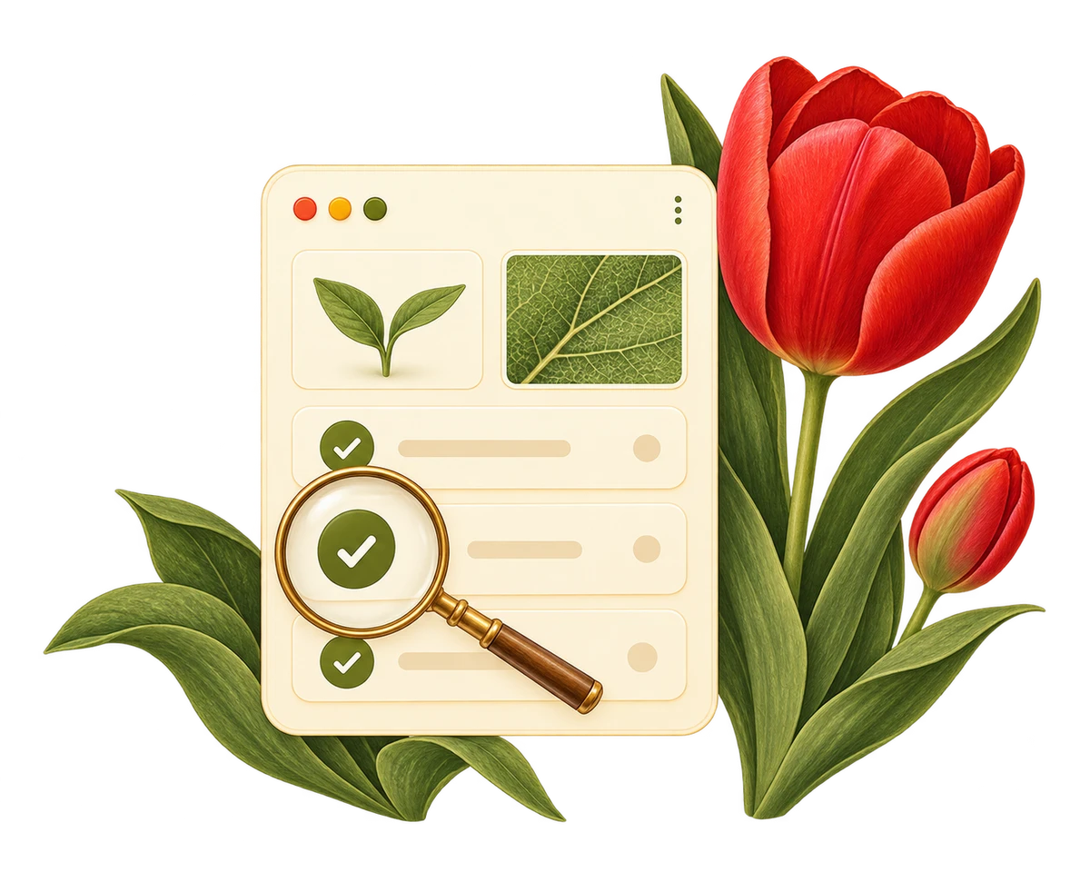 Test evidence inspected with a magnifying glass, with flowers on the right