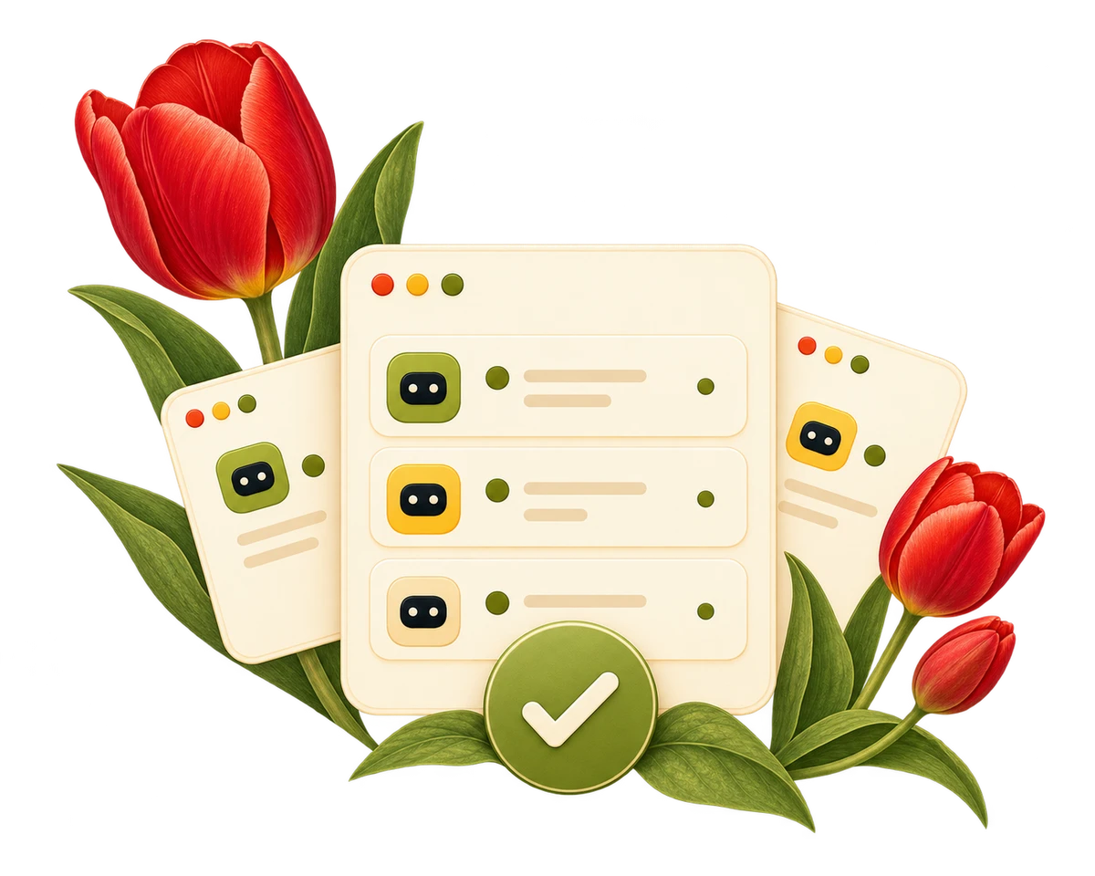 Work cards gathered for one review decision, with flowers at the top left and right