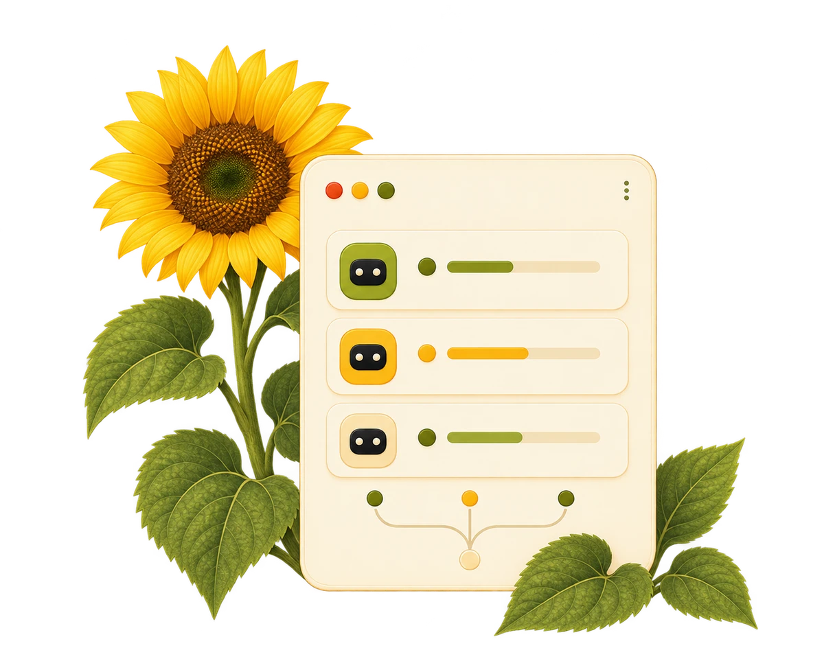 Three agent activity rows gathered in one window, with flowers on the left