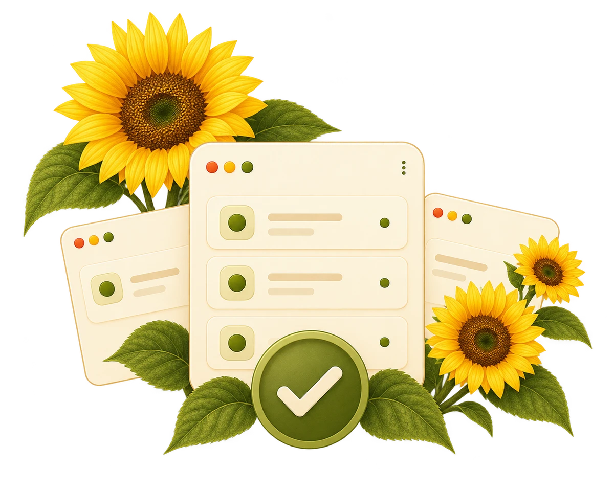 Work cards gathered for one review decision, with flowers at the top left and right