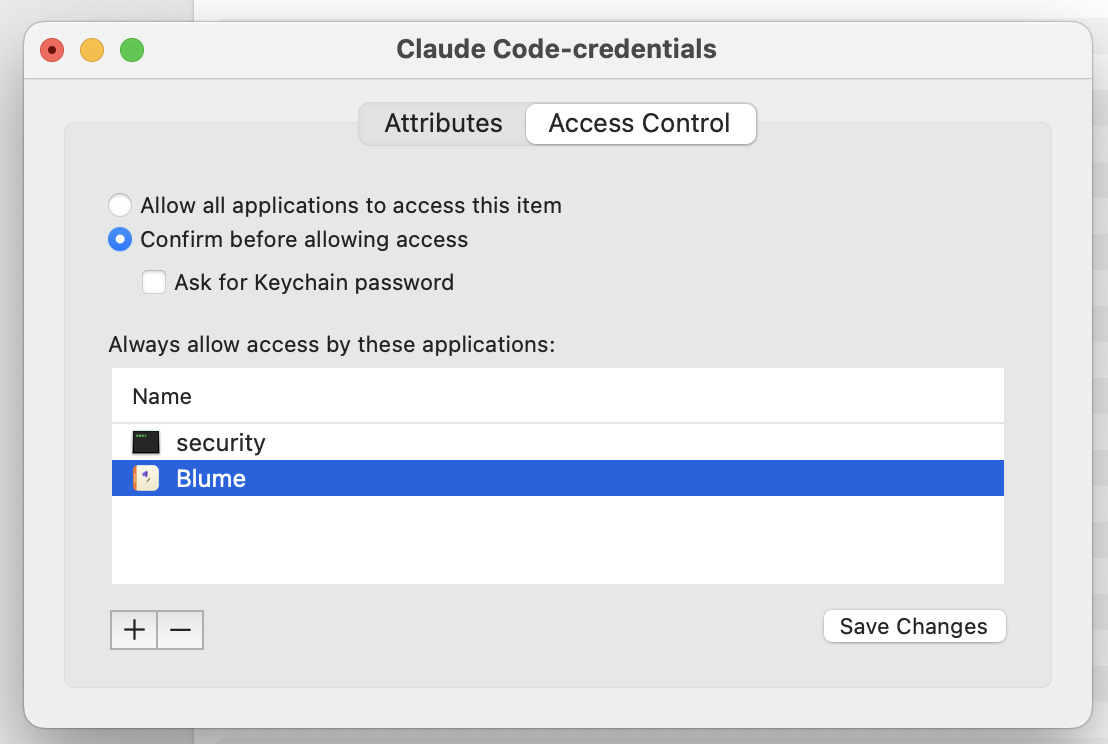 Claude Code-credentials Access Control tab with Blume added