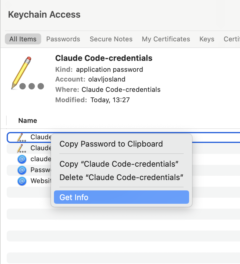 Context menu on Claude Code-credentials with Get Info highlighted