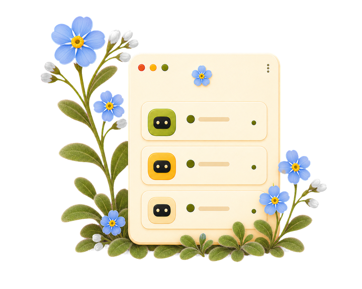 Illustration of the Blume app window listing three coding agents with status indicators, framed by flowers