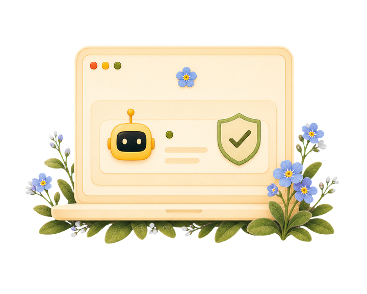 Illustration of a laptop running a local Blume agent beside a privacy shield with a checkmark