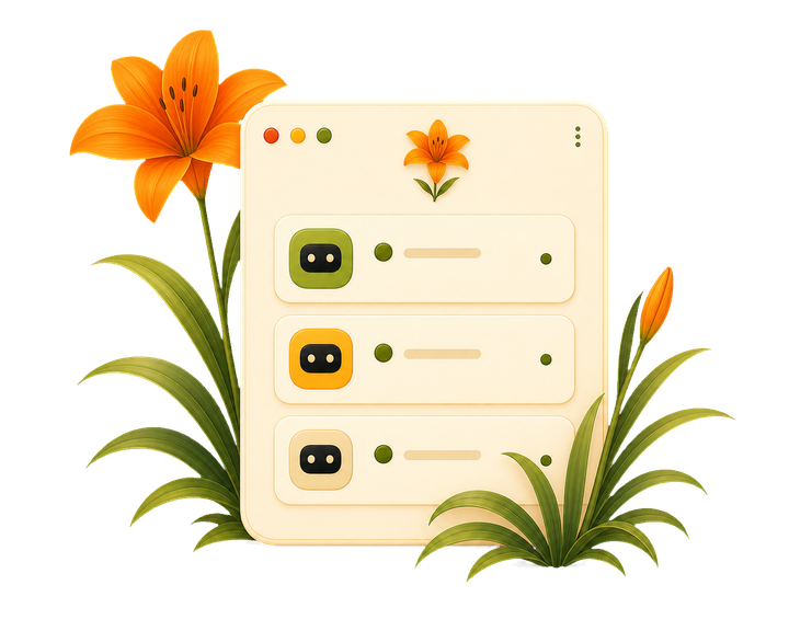 Illustration of the Blume app window listing three coding agents with status indicators, framed by flowers