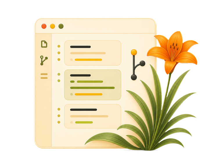 Illustration of a code editor showing agent config files and a git branch diagram