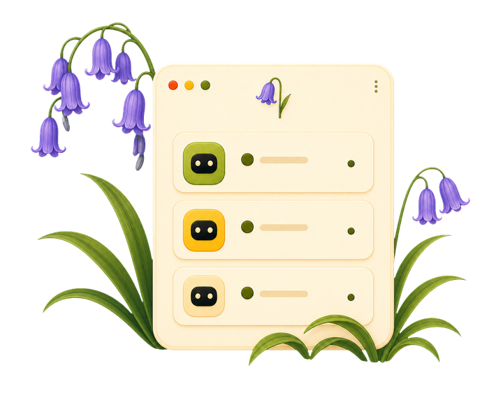Illustration of the Blume app window listing three coding agents with status indicators, framed by flowers