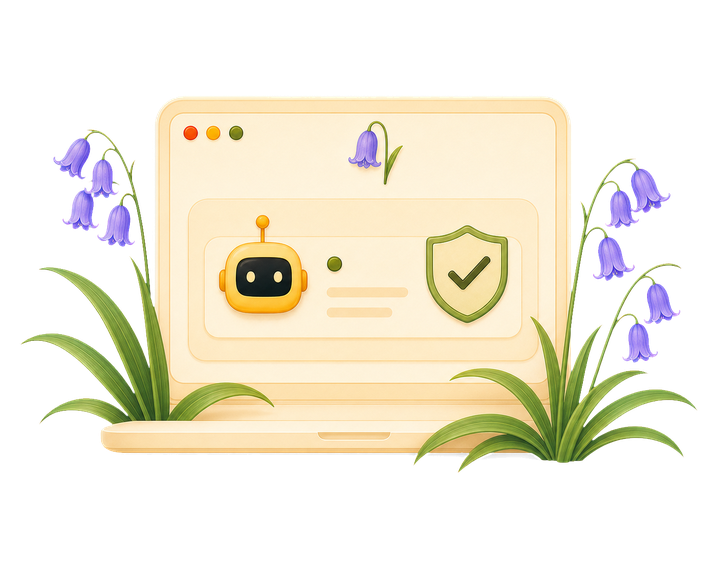 Illustration of a laptop running a local Blume agent beside a privacy shield with a checkmark