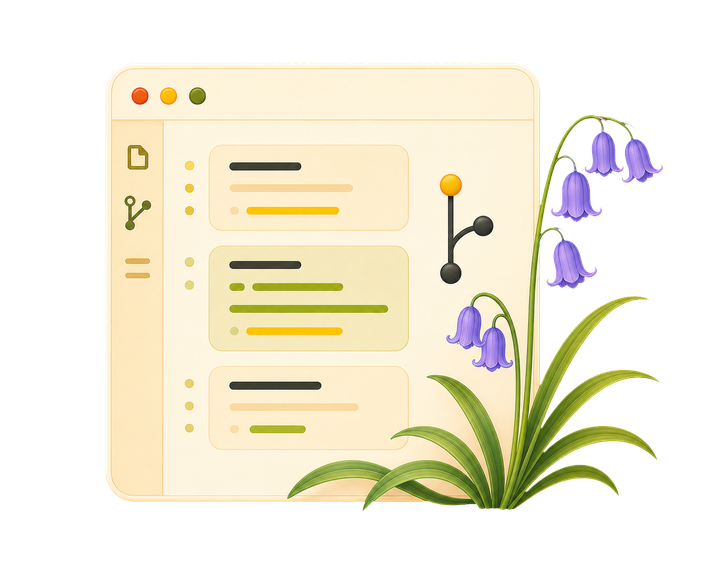 Illustration of a code editor showing agent config files and a git branch diagram
