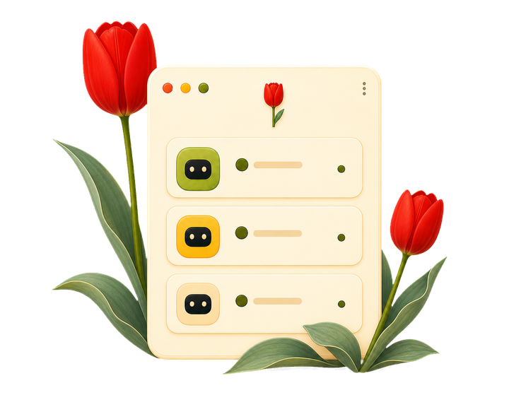 Illustration of the Blume app window listing three coding agents with status indicators, framed by flowers