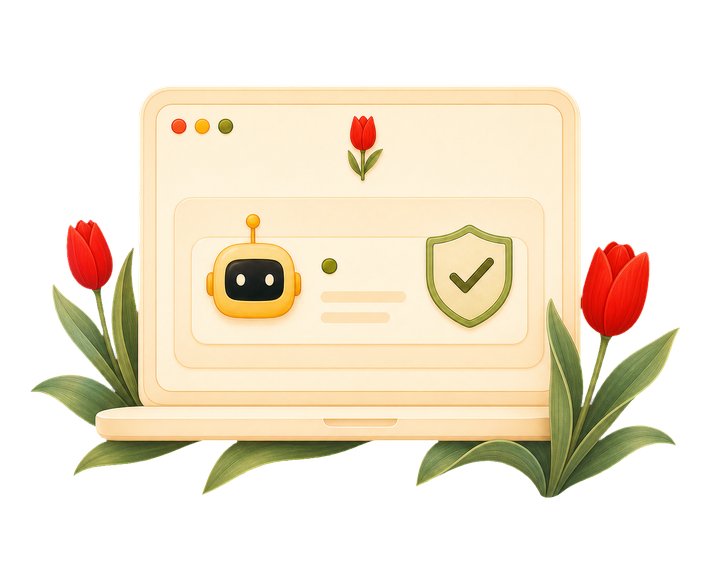 Illustration of a laptop running a local Blume agent beside a privacy shield with a checkmark